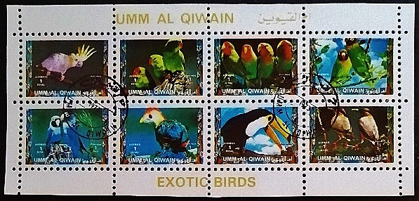 Блок марок (8 шт.). "Птицы (малый формат)". 1972 год, Умм аль-Кувейн. Блок марок (8 шт.). "Птицы (малый формат)". 1972 год, Умм аль-Кувейн.