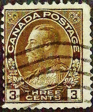 Почтовая марка (3 c.). "Король Георг V". 1918 год, Канада.