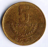 Монета 5 колонов. 2001(a) год, Коста-Рика.