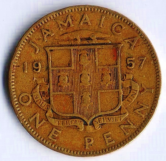 Монета 1 пенни. 1957 год, Ямайка.