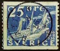 Почтовая марка (25 ö.). "Гребной пароход "Конститусьон"". 1936 год, Швеция.