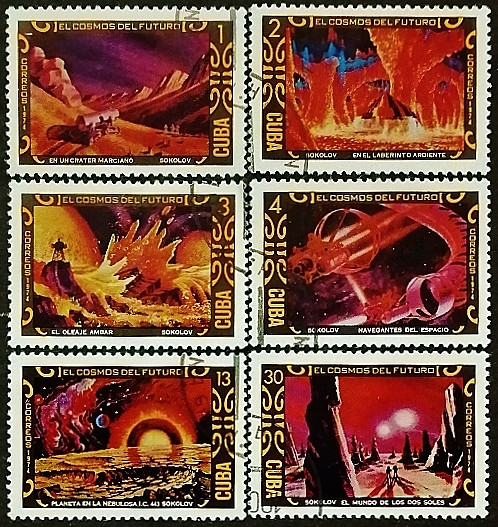 Набор почтовых марок (6 шт.). "Космос будущего". 1974 год, Куба. Набор почтовых марок (6 шт.). "Космос будущего". 1974 год, Куба.