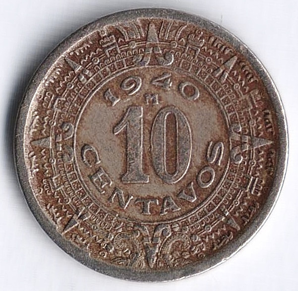Монета 10 сентаво. 1940 год, Мексика.