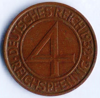 Монета 4 рейхспфеннига. 1932 год (E), Веймарская республика.
