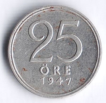 Монета 25 эре. 1947(TS) год, Швеция.