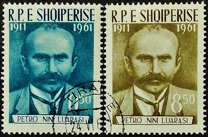 Набор почтовых марок (2 шт.). "50 лет со дня смерти Петро Нини Луараши". 1962 год, Албания.