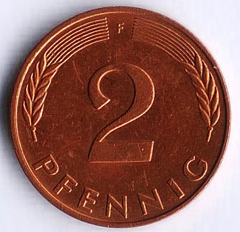Монета 2 пфеннига. 1984(F) год, ФРГ.