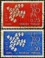 Набор почтовых марок (2 шт.). "Europa (C.E.P.T.) - Голуби". 1961 год, Франция.
