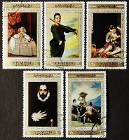 Набор почтовых марок (5 шт.). "Картины испанских мастеров (золотая рамка)". 1967 год, Йемен(АР).