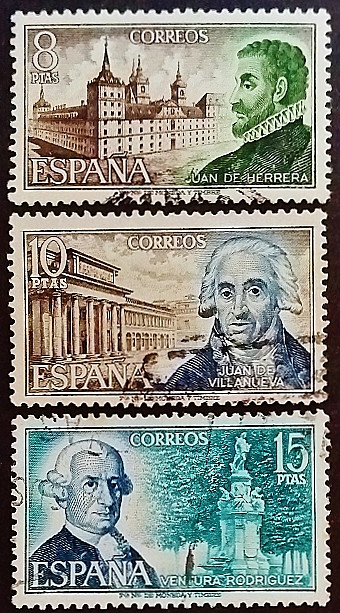 Набор почтовых марок (3 шт.). "Испанские архитекторы". 1973 год, Испания.