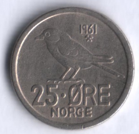 Монета 25 эре. 1961 год, Норвегия.