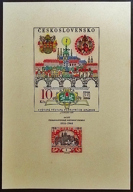 Мини-блок. "50-летие выпуска чехословацких почтовых марок". 1968 год, Чехословакия.