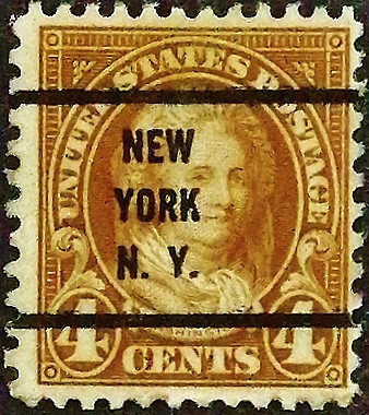 Почтовая марка (4 c.). "Марта Вашингтон". 1927 год, США. Предварительное гашение "NEW/YORK/N.Y.". Почтовая марка (4 c.). "Марта Вашингтон". 1927 год, США. Предварительное гашение "NEW/YORK/N.Y.".