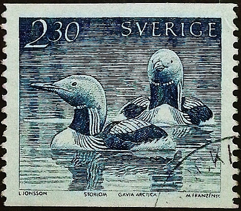 Почтовая марка. "Чернозобая гагара". 1986 год, Швеция.