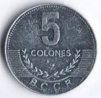Монета 5 колонов. 2016 год, Коста-Рика.