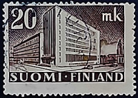 Почтовая марка (20 m.). "Административное здание почты". 1945 год, Финляндия.