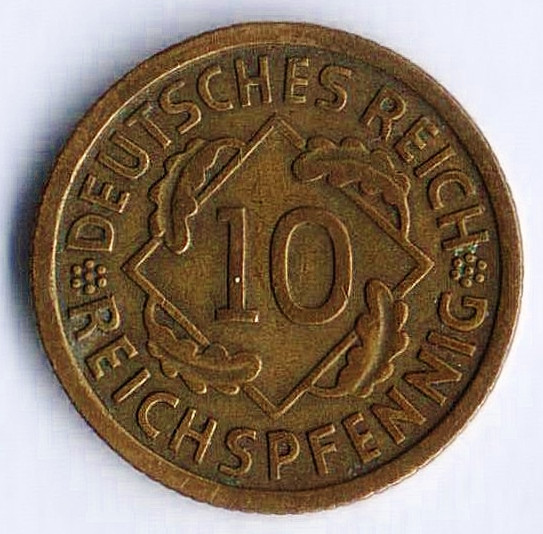 Монета 10 рейхспфеннигов. 1930 год (D), Веймарская республика.