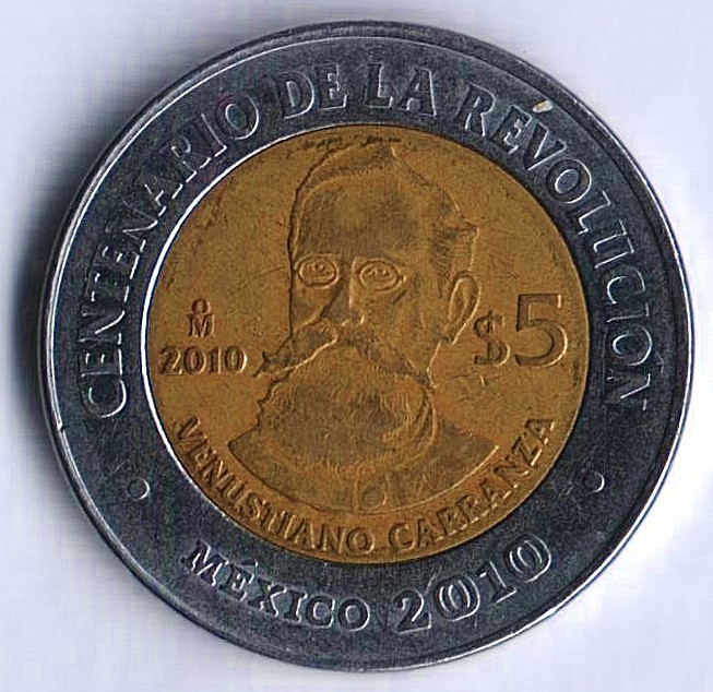Монета 5 песо. 2010 год, Мексика. 200-летие независимости. Венустиано Карранса.