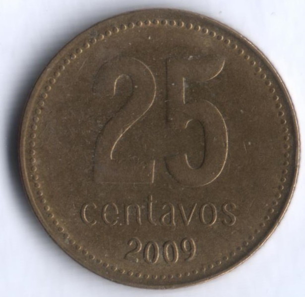Монета 25 сентаво. 2009 год, Аргентина. Тип 1.