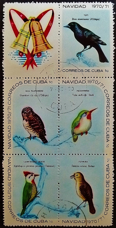 Сцепка марок (5 шт.). "Рождество 1970: Птицы (I)". 1970 год, Куба.