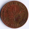 Монета 1 пфенниг. 1967(F) год, ФРГ.
