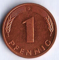 Монета 1 пфенниг. 1996(D) год, ФРГ.