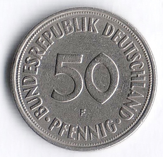 Монета 50 пфеннигов. 1950(F) год, ФРГ.