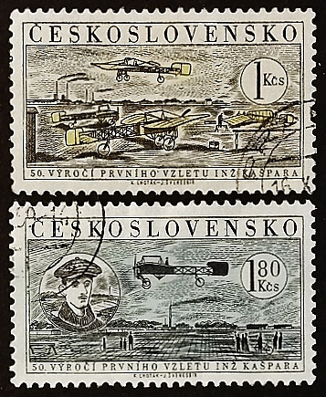 Набор почтовых марок (2 шт.). "50 лет первому полёту Яна Кашпара". 1959 год, Чехословакия.