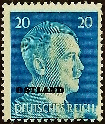 Марка почтовая (20 rpf.). "Адольф Гитлер «OSTLAND»". 1941 год, СССР (Германская оккупация в ВОВ).