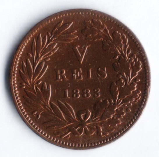 Монета 5 рейсов. 1883 год, Португалия.