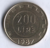 Монета 200 лир. 1987 год, Италия.
