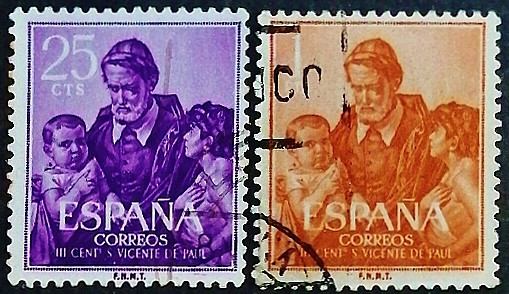 Набор почтовых марок (2 шт.). "300 лет со дня смерти святого Винсента де Поля". 1960 год, Испания.