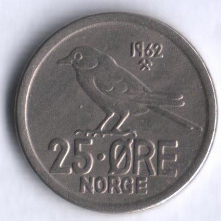 Монета 25 эре. 1962 год, Норвегия.