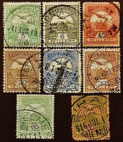 Набор почтовых марок (8 шт.). "Турул и корона Святого Стефана". 1900-1913 годы, Венгрия.