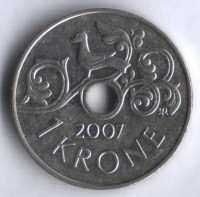 Монета 1 крона. 2007 год, Норвегия.