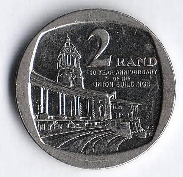 Монета 2 ранда. 2013 год, ЮАР. 10 лет зданию Союза.