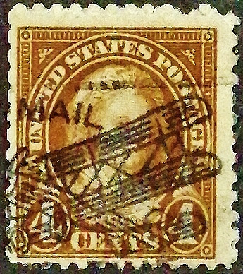 Почтовая марка (4 c.). "Марта Вашингтон". 1927 год, США. Гашение Авиапочты. Почтовая марка (4 c.). "Марта Вашингтон". 1927 год, США. Гашение Авиапочты.