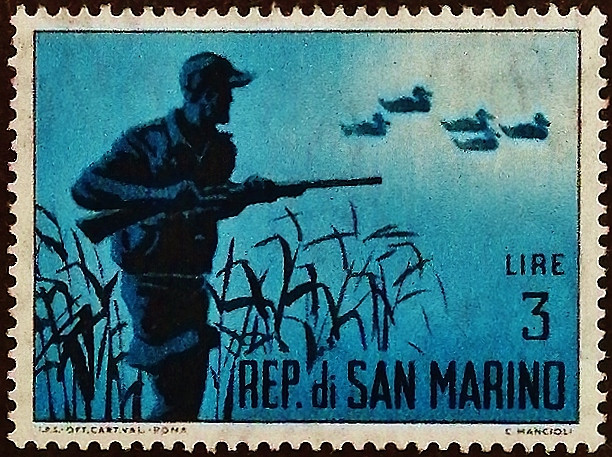 Марка почтовая (3 l.). "Охота". 1962 год, Сан-Марино.