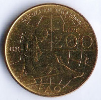 Монета 200 лир. 1980 год, Италия. FAO.