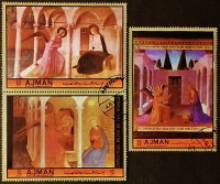 Набор марок (3 шт.) с блоком. "Сцены Благовещения". 1972 год, Аджман.
