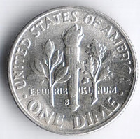 Монета 10 центов. 1955(S) год, США.