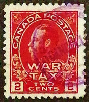 Почтовая марка (2 c.). "Король Георг V ("WAR TAX")". 1915 год, Канада.