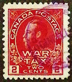 Почтовая марка (2 c.). "Король Георг V ("WAR TAX")". 1915 год, Канада.
