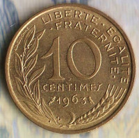 Монета 10 сантимов. 1963 год, Франция. Монета 10 сантимов. 1963 год, Франция.