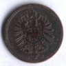 Монета 1 пфенниг. 1889 год (А), Германская империя.