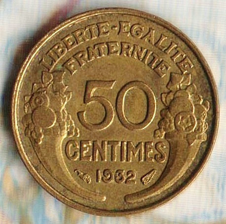 Монета 50 сантимов. 1932 год, Франция. Тип I.