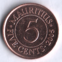 Монета 5 центов. 2005 год, Маврикий.