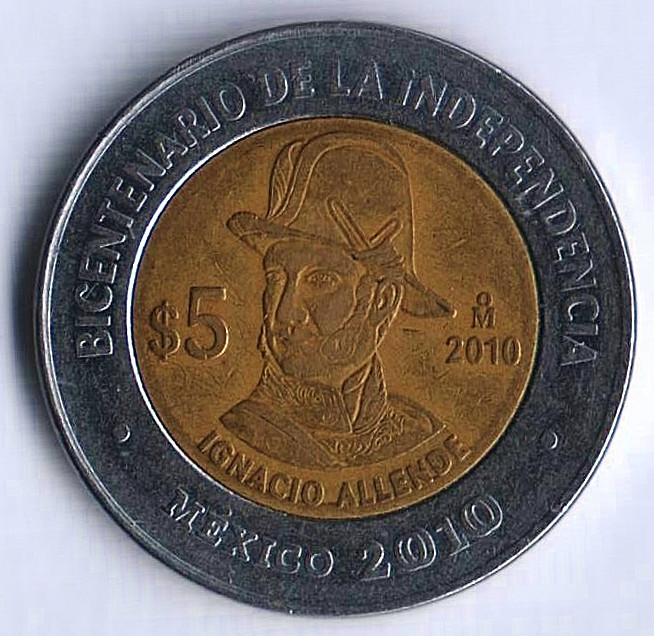 Монета 5 песо. 2010 год, Мексика. 200-летие независимости. Игнасио Альенде.