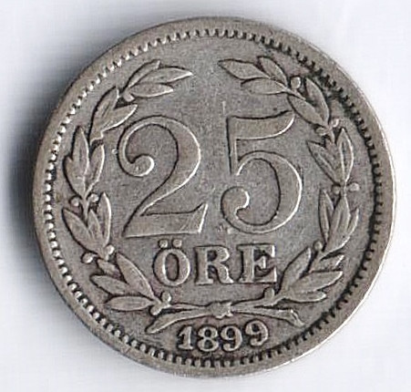 Монета 25 эре. 1899(EB) год, Швеция.