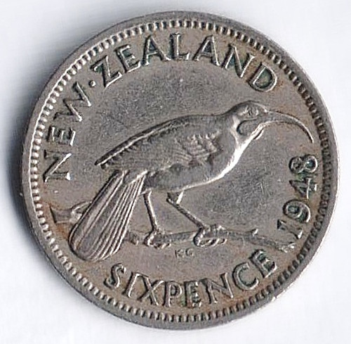Монета 6 пенсов. 1948 год, Новая Зеландия.